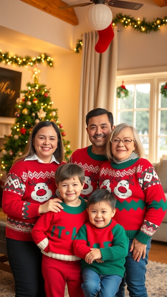 A cheerful family in festive outfits posing for a Christmas card photo in a decorated living room.